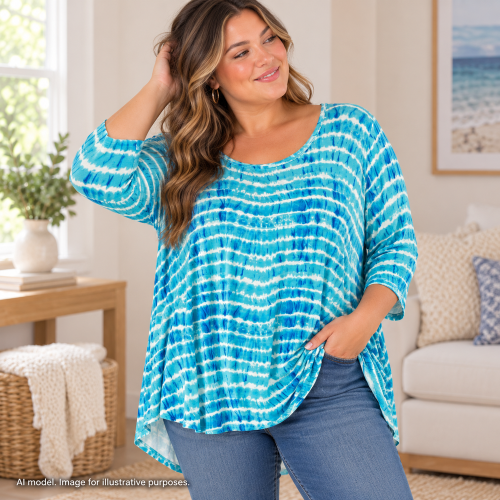 Karen Kane Shirt Women 2X Blue Teal Aqua Watercolor Stripe Asymmetrical Hem Knit